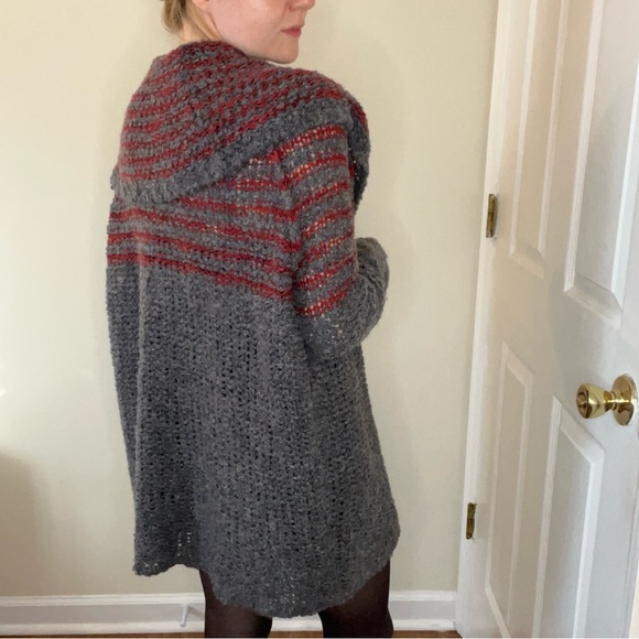 Free People Wool, Linen, Mohair Blend Gray and Red Cowl Neck Chunky Sweater - Picture 10 of 10